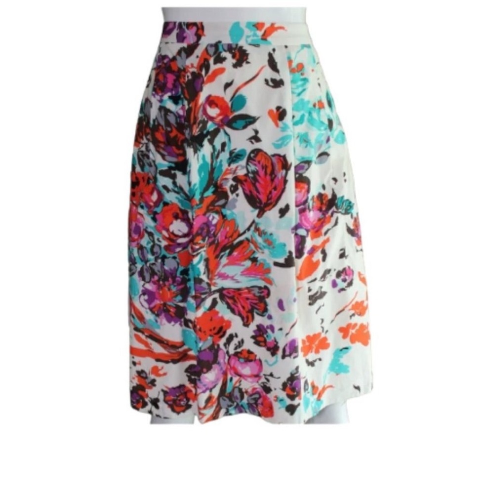 Lands' End White Cotton Blend 24W Multicolor Floral Print Midi Skirt Pockets